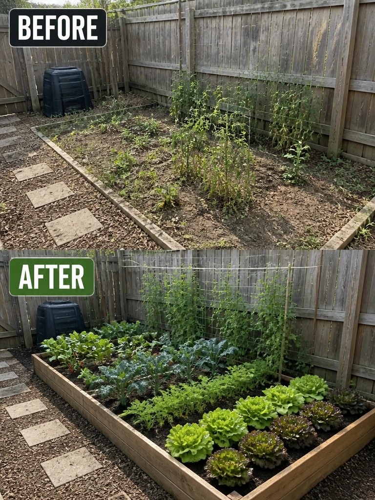 Before and after of overgrown garden transformed into neat raised vegetable beds.
