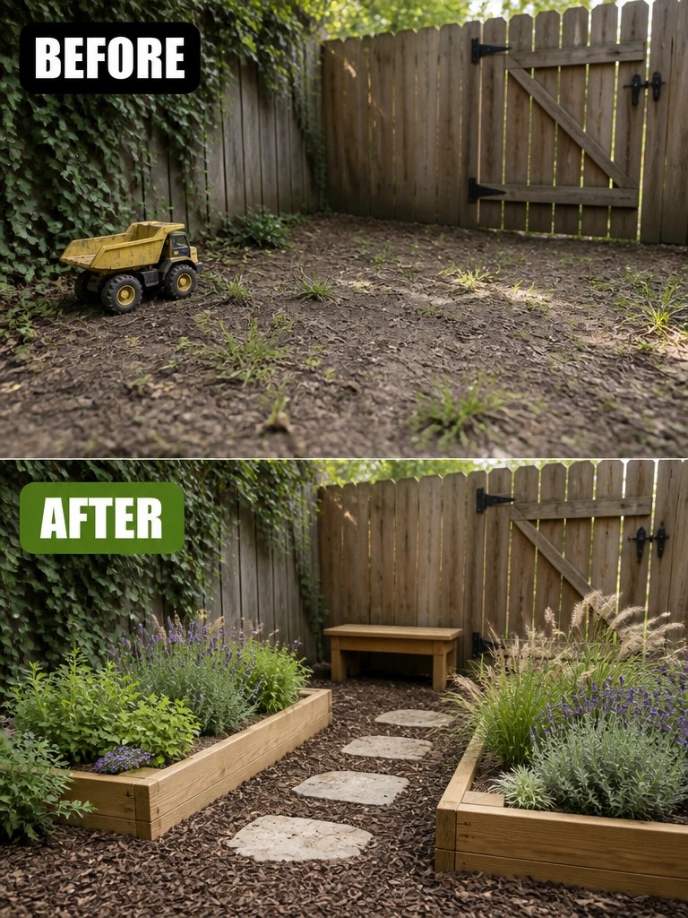 Before and after backyard makeover with raised beds, path, bench and plants