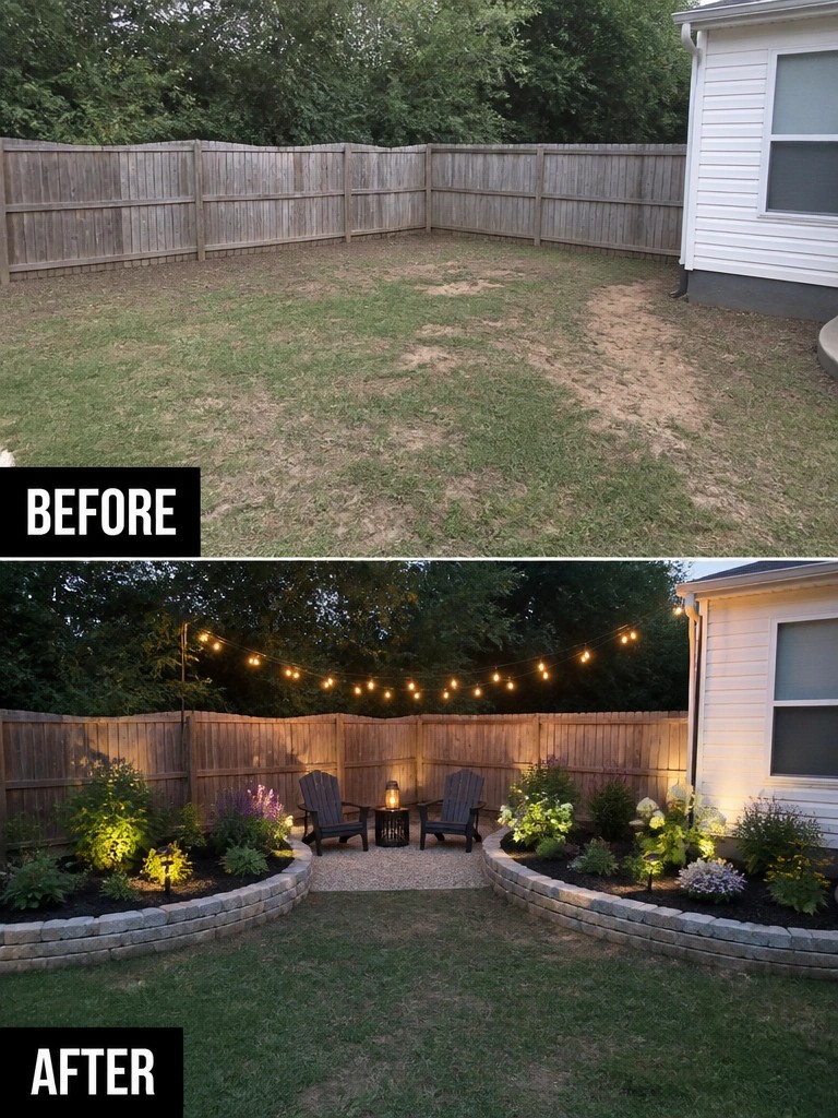 Before-and-after backyard transformation with stone walls, plants, chairs, and string lights