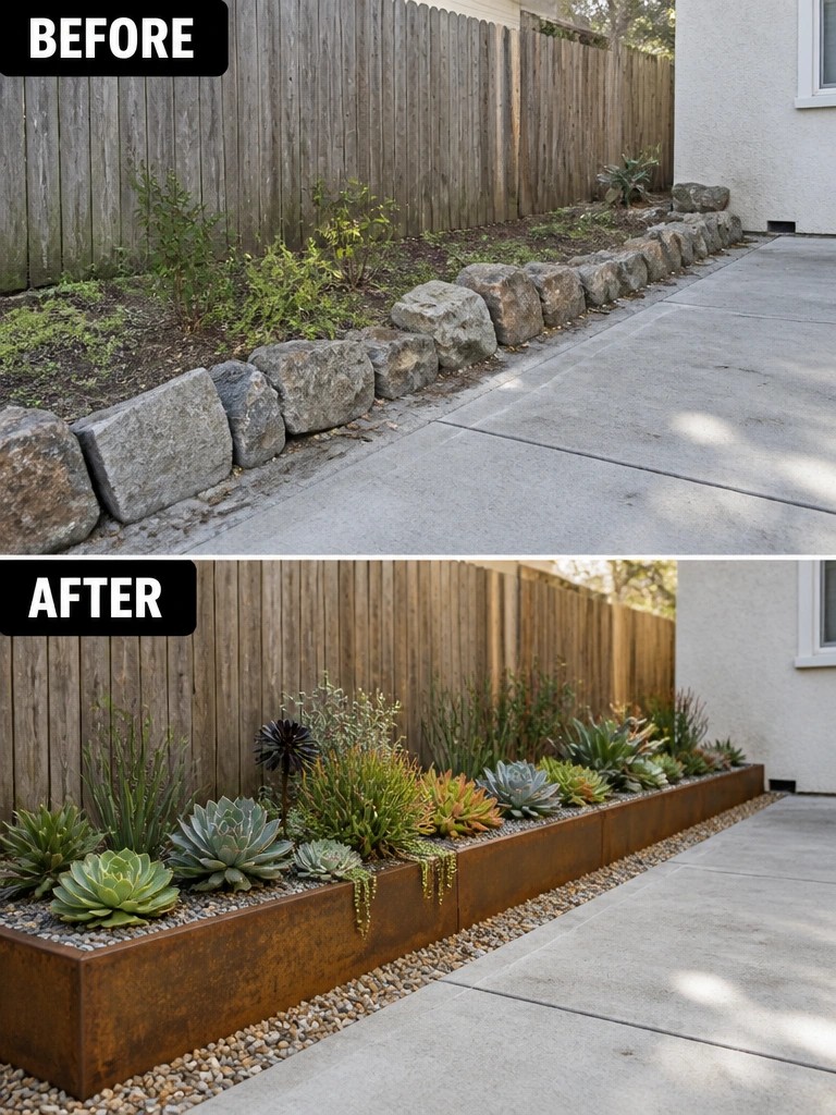 Before and after of overgrown garden bed transformed into succulent metal planter.