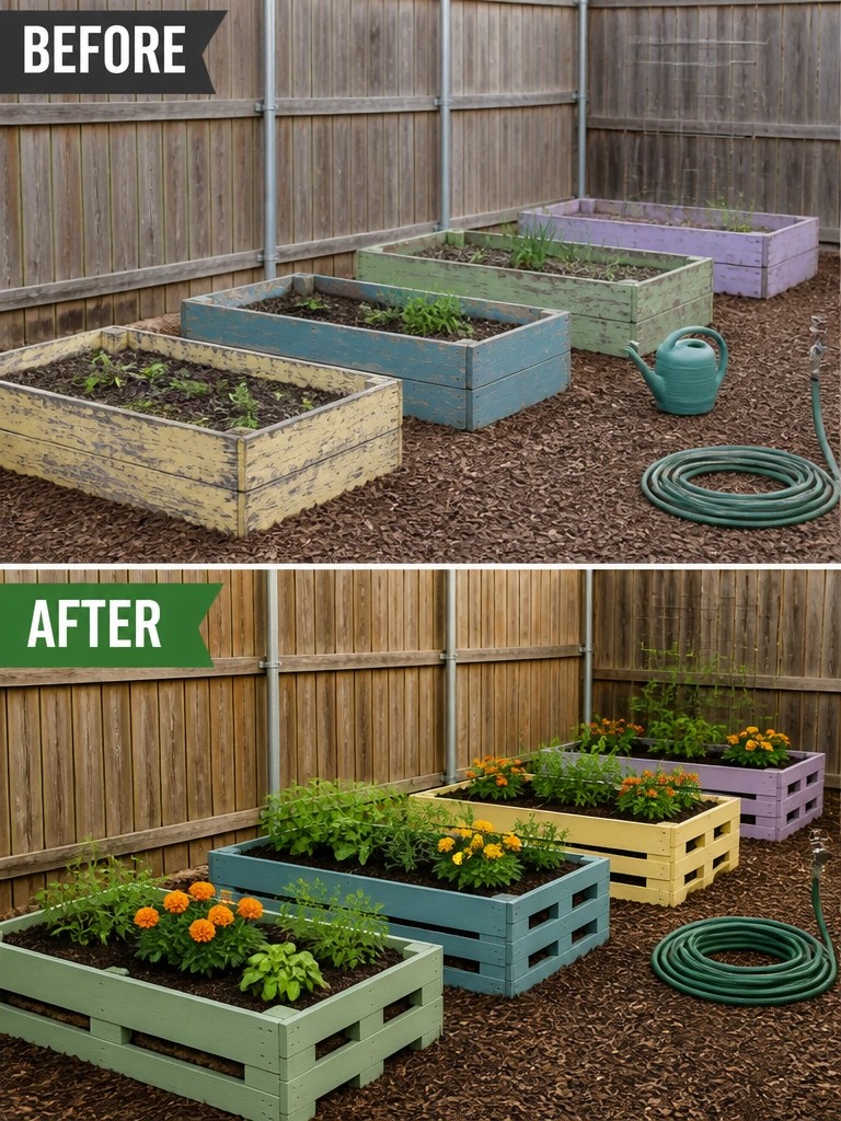 Before and after of repainted wooden planters with flowers against a fence.