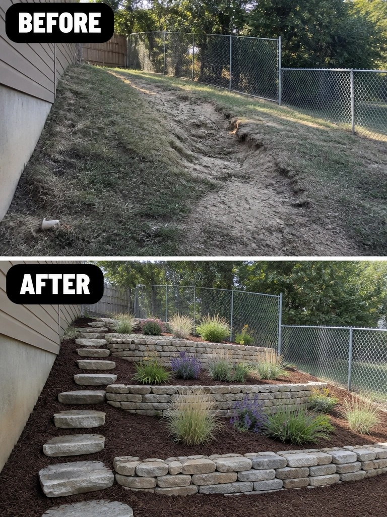 Before-and-after hillside transformed with stone retaining walls, steps, and landscaping.