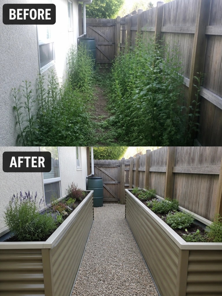 Before-and-after of overgrown yard transformed into raised garden beds with gravel path.
