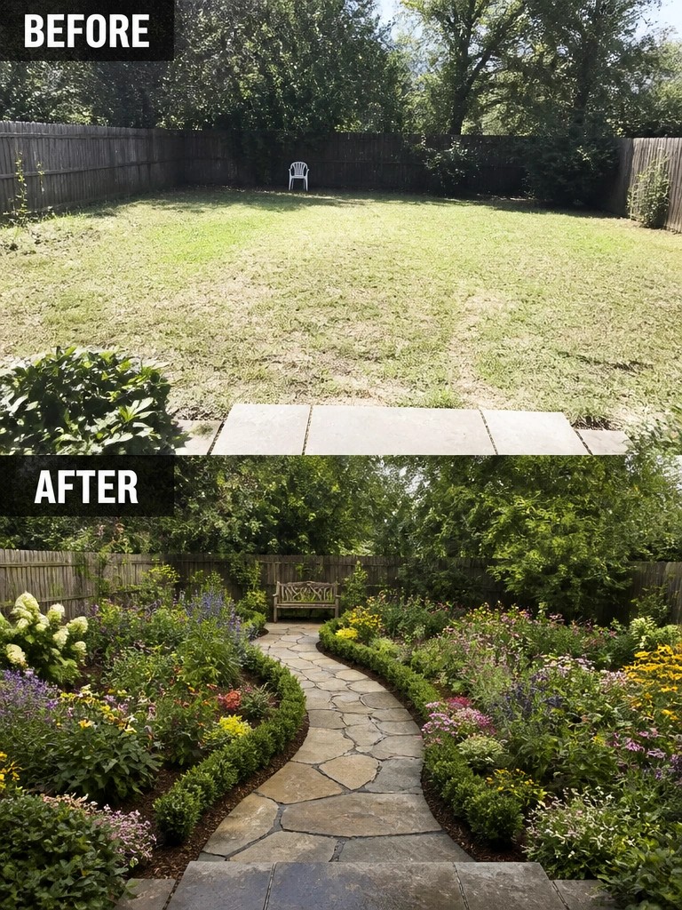 Backyard before: empty lawn with chair; after: lush garden with winding stone path.
