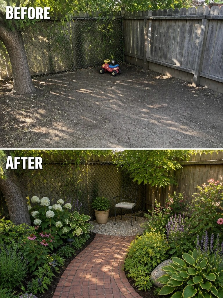 Before-and-after image of a bare dirt backyard changed into a landscaped space with a brick path, planted garden beds, and a seating area.