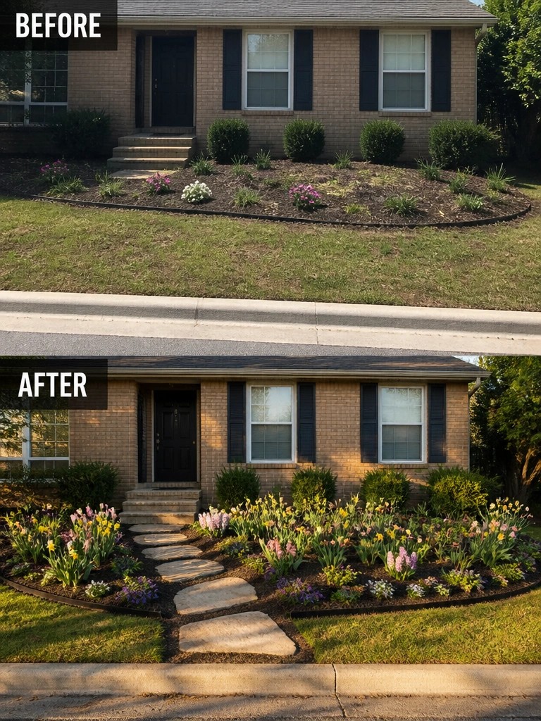 Before and after of brick house front yard with vibrant flower bed and stone path.