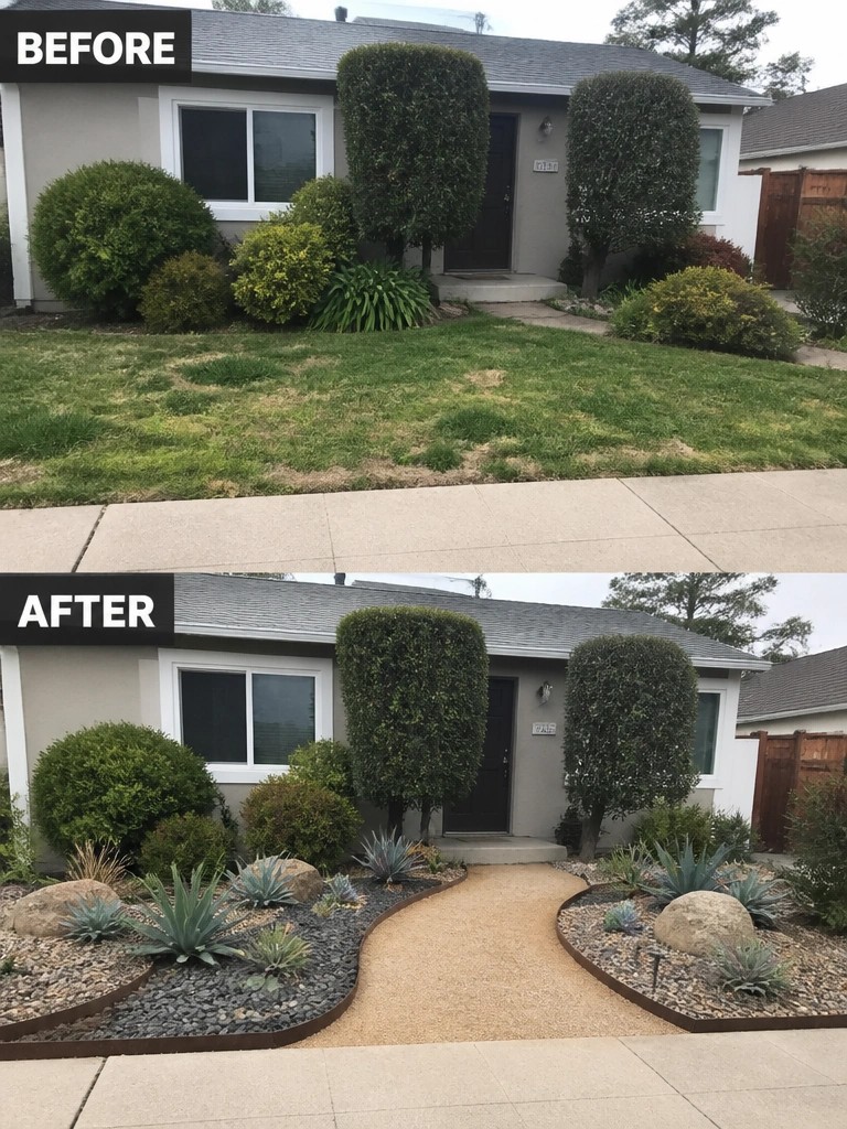 Before-and-after image of a patchy front lawn with overgrown shrubs changed into bordered gravel beds, rocks, succulents, and a central path to the door.