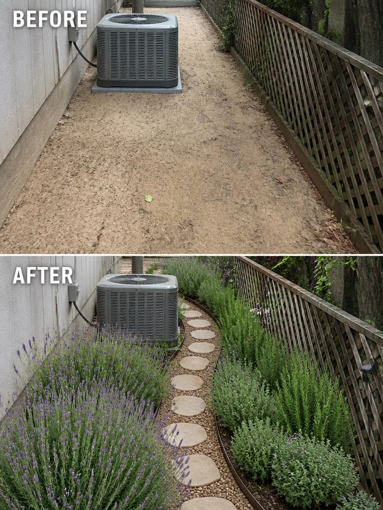 Before and after of AC unit with dirt path transformed into garden with stones and plants