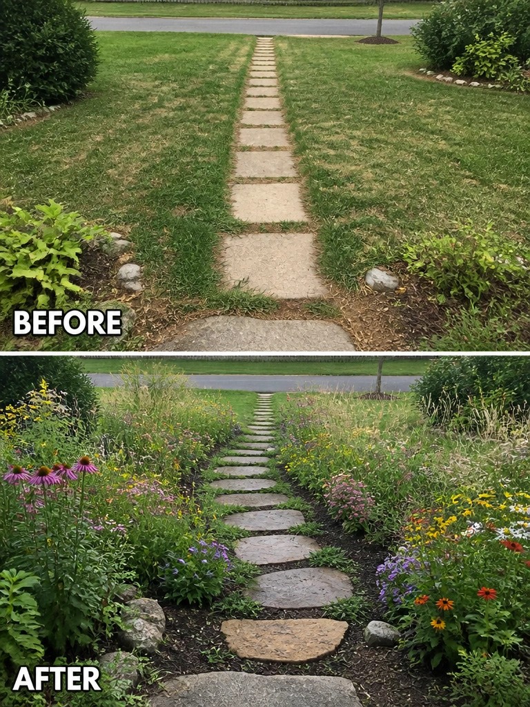 Before-and-after image of a plain grass path with stepping stones changed into a landscaped path lined with colorful flower beds.