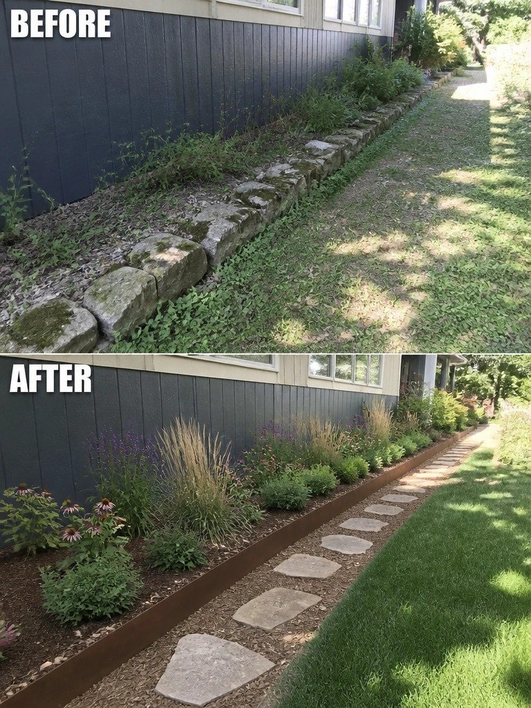 Before-and-after image of an overgrown side yard along a house changed into a neat border with metal edging, mulch, stepping stones, and structured planting.