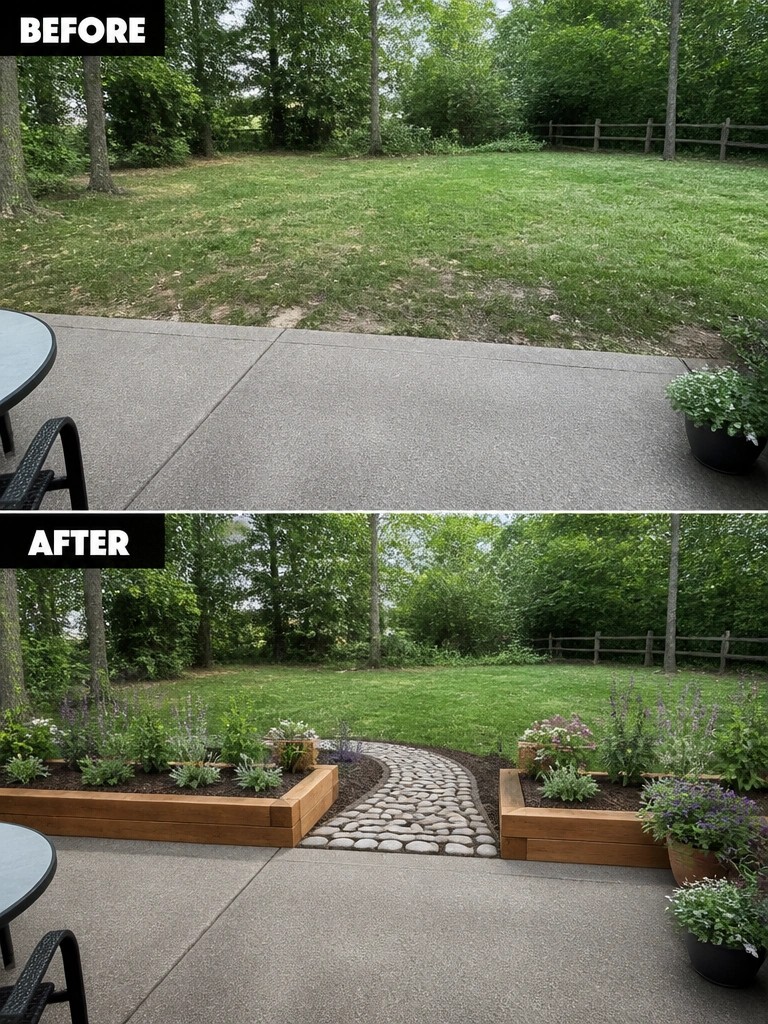Before and after patio transformation with wooden planters, flowers, and stone pathway.