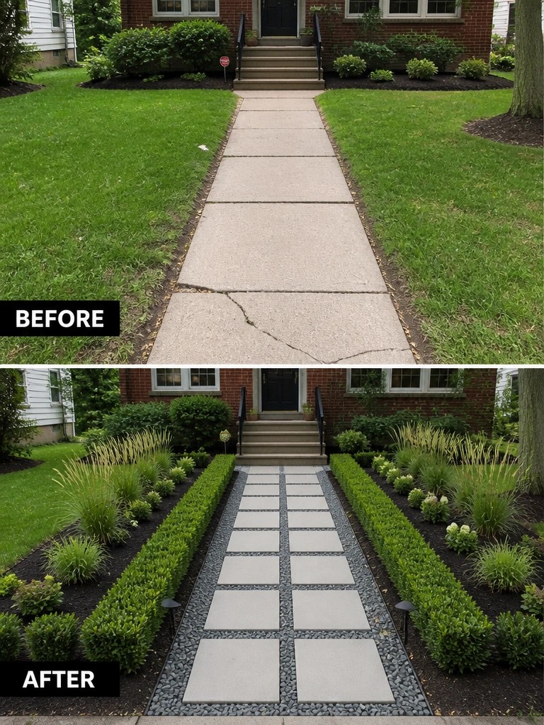 Before and after of cracked concrete walkway transformed into modern paver path with gardens