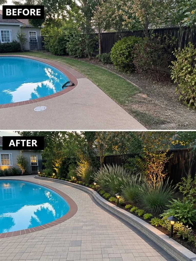 Before and after of pool with new pavers, plants and pathway lights