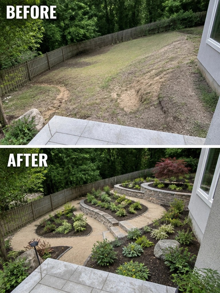 Before-and-after image of a bare sloped backyard changed into one with terraced garden beds, curved stone walls, and gravel paths.