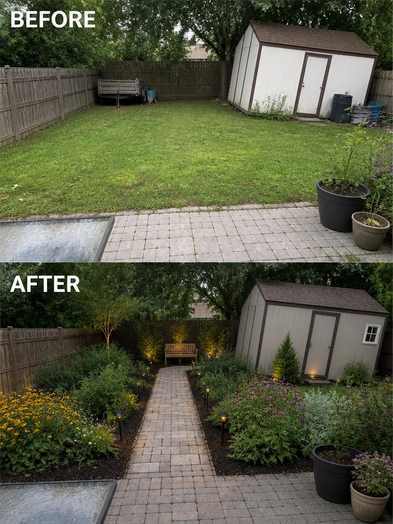 Before and after backyard transformation with stone path, plants and lights