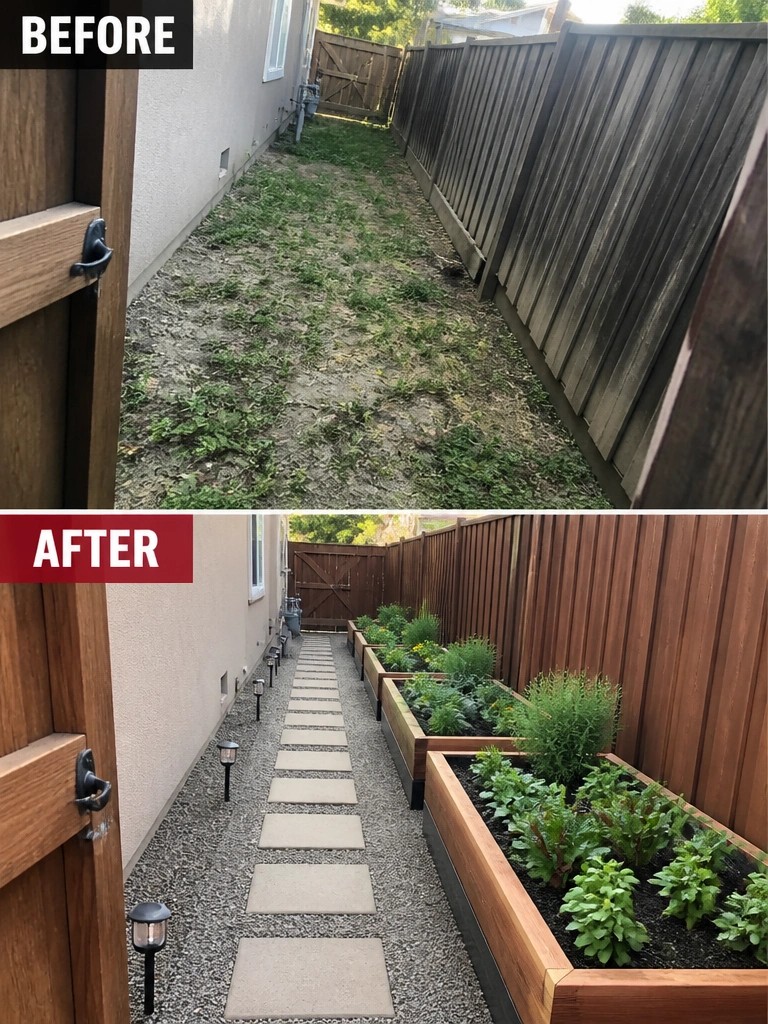Before-and-after narrow yard: weedy dirt path transformed into stone walkway with raised garden beds.