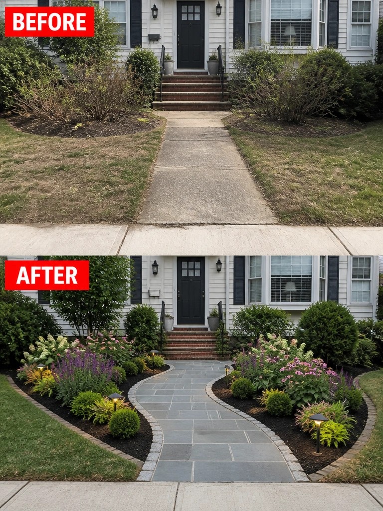 Before-and-after home entrance with curved stone walkway, lush colorful garden beds and lights