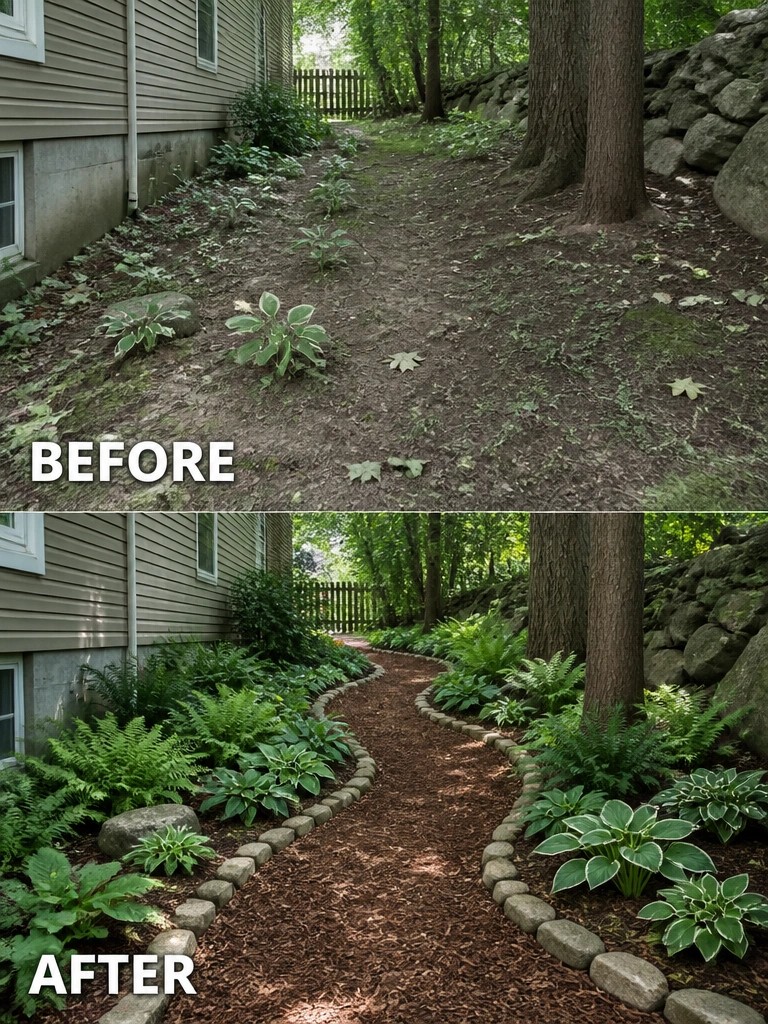 Before-and-after image of an overgrown dirt path beside a house changed into a mulched walkway bordered by stones and planted beds.