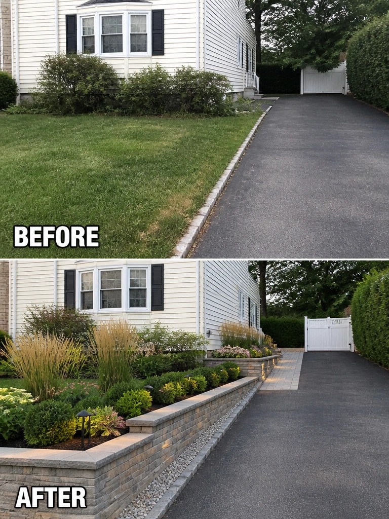 Before and after home landscaping with garden beds, plants, and stone retaining walls.