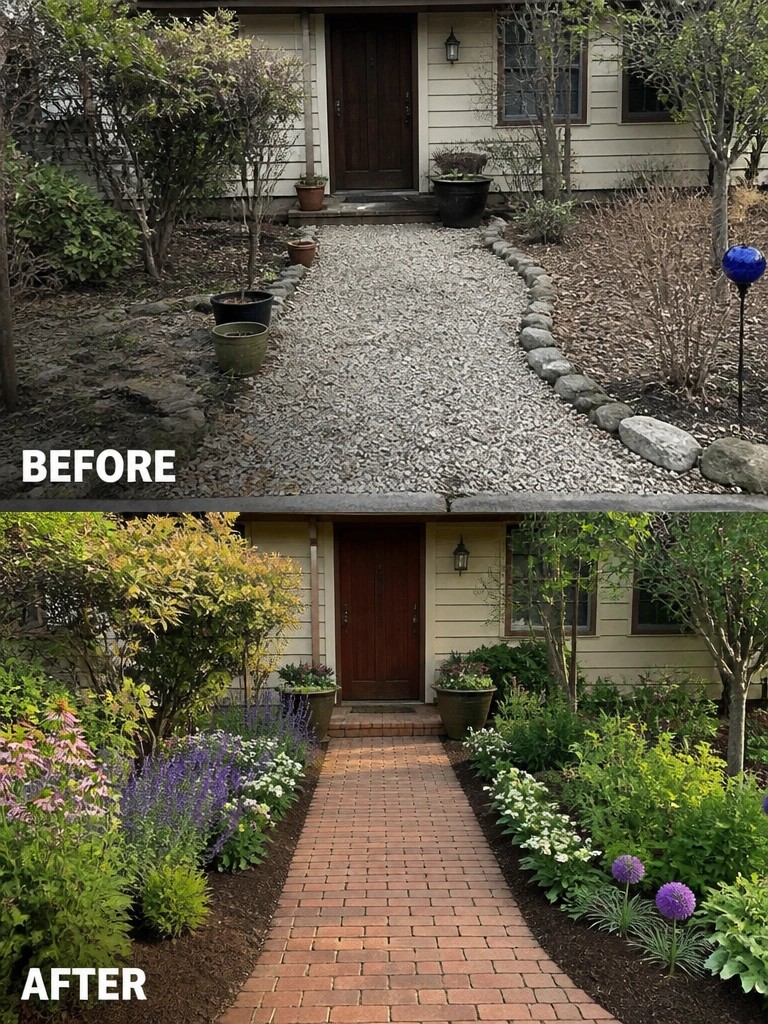 Before and after house entrance with gravel path upgraded to brick walkway and flowers