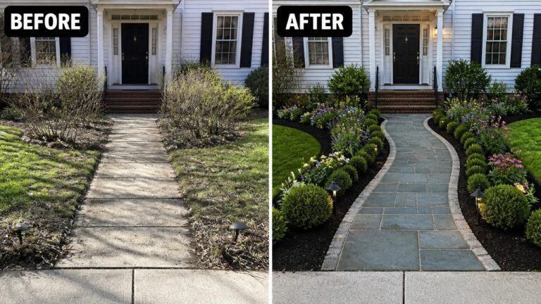 20 Fresh Landscape Remodel Ideas With Paths, Beds, and Borders Before-and-after home entrance with curved stone walkway, lush colorful garden beds and lights