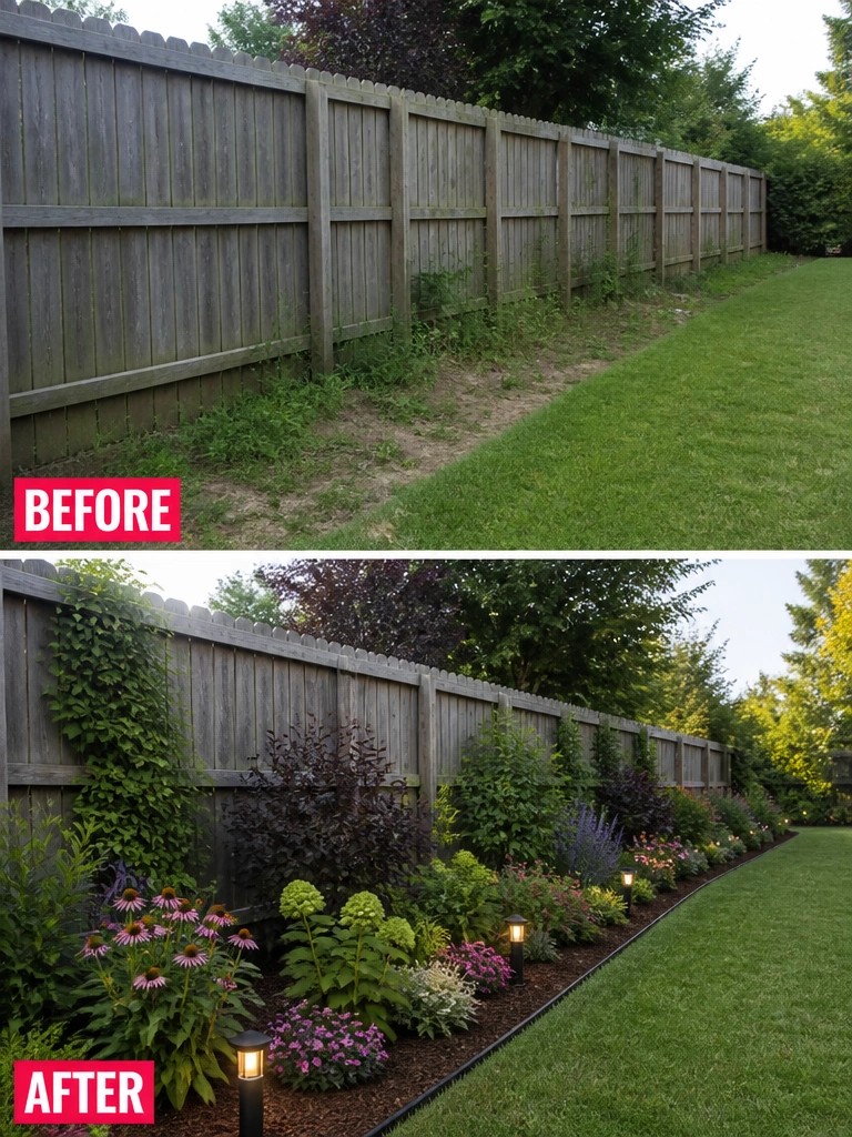 Before and after of wooden fence transformed into colorful landscaped garden bed with lights
