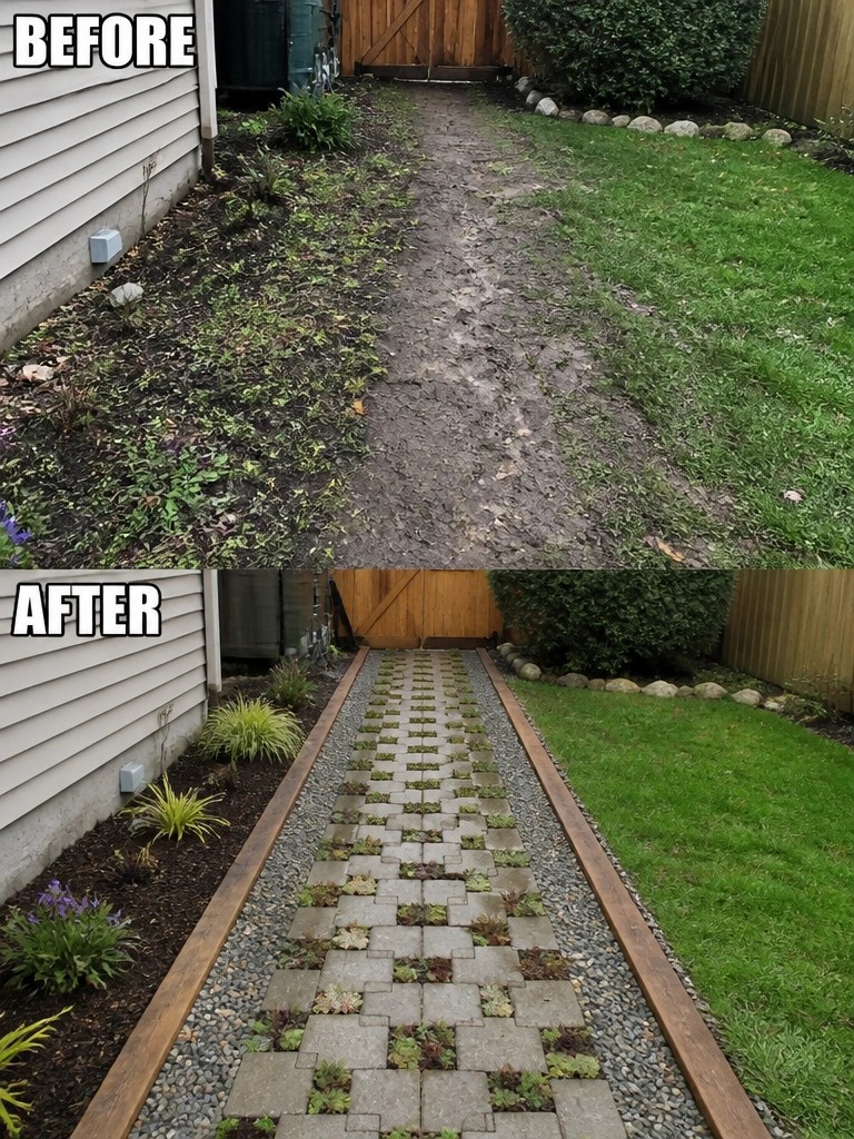 Before-and-after image of a muddy dirt path changed into a paved walkway with stone pavers, gravel borders, and planted edges.