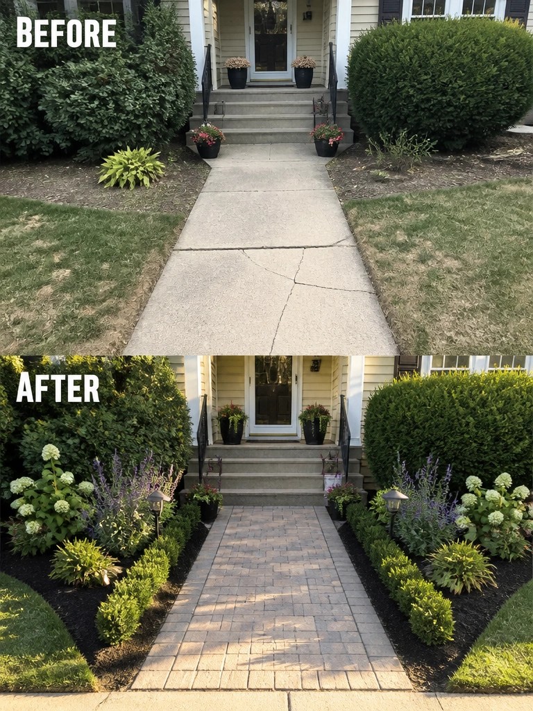 Before-and-after of cracked walkway replaced by brick pavers with new landscaping.