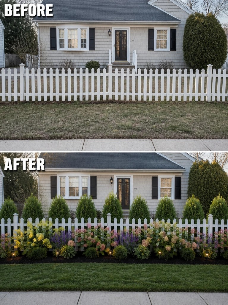 Before-and-after house exterior with white fence and new colorful garden bed