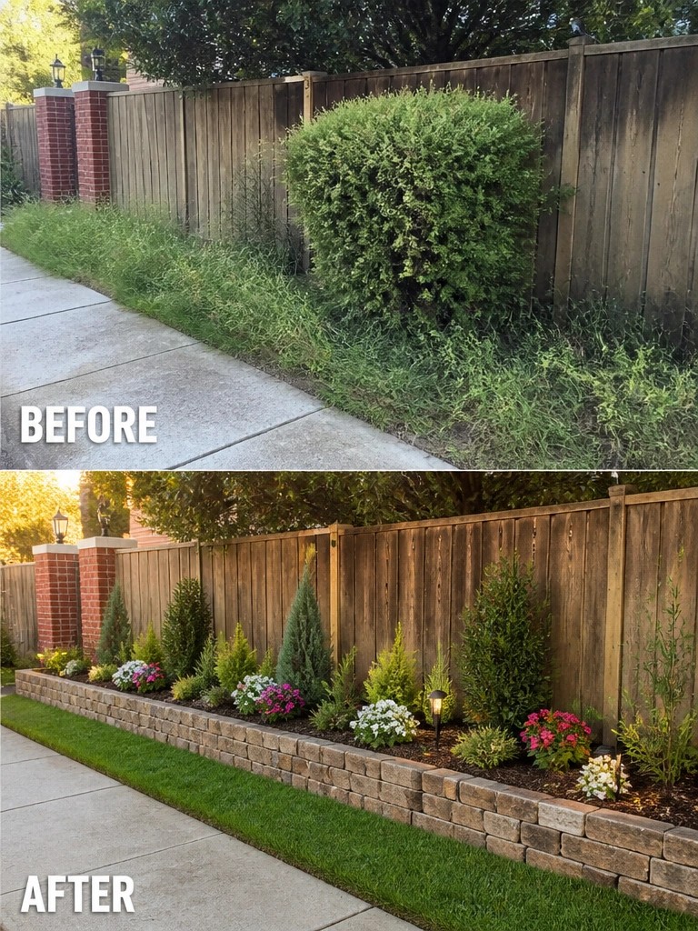 Before and after of weedy fence border transformed into colorful flower and shrub garden
