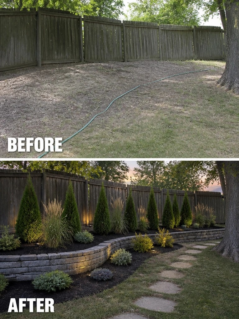 Before and after of bare yard transformed into landscaped garden with retaining wall and path