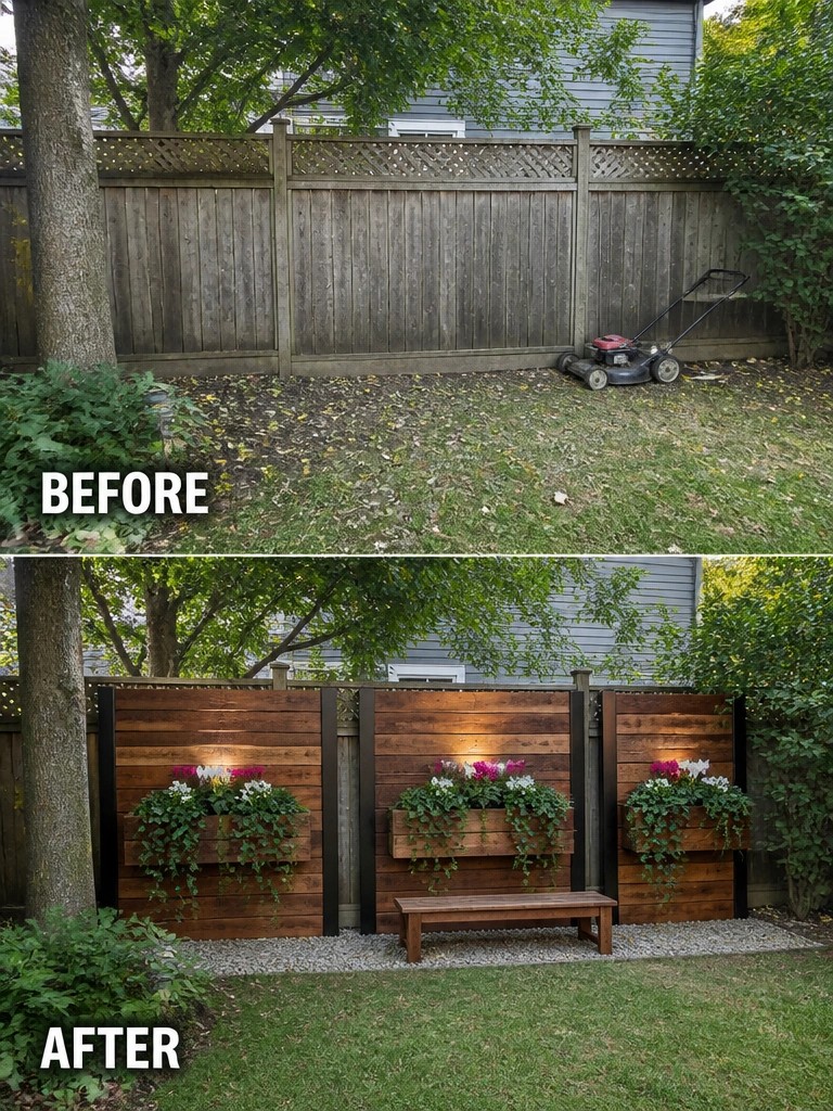 Before and after of backyard fence with flower boxes, lights, and bench