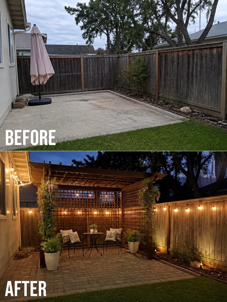 Before and after backyard patio transformation with pergola, lights, and seating area
