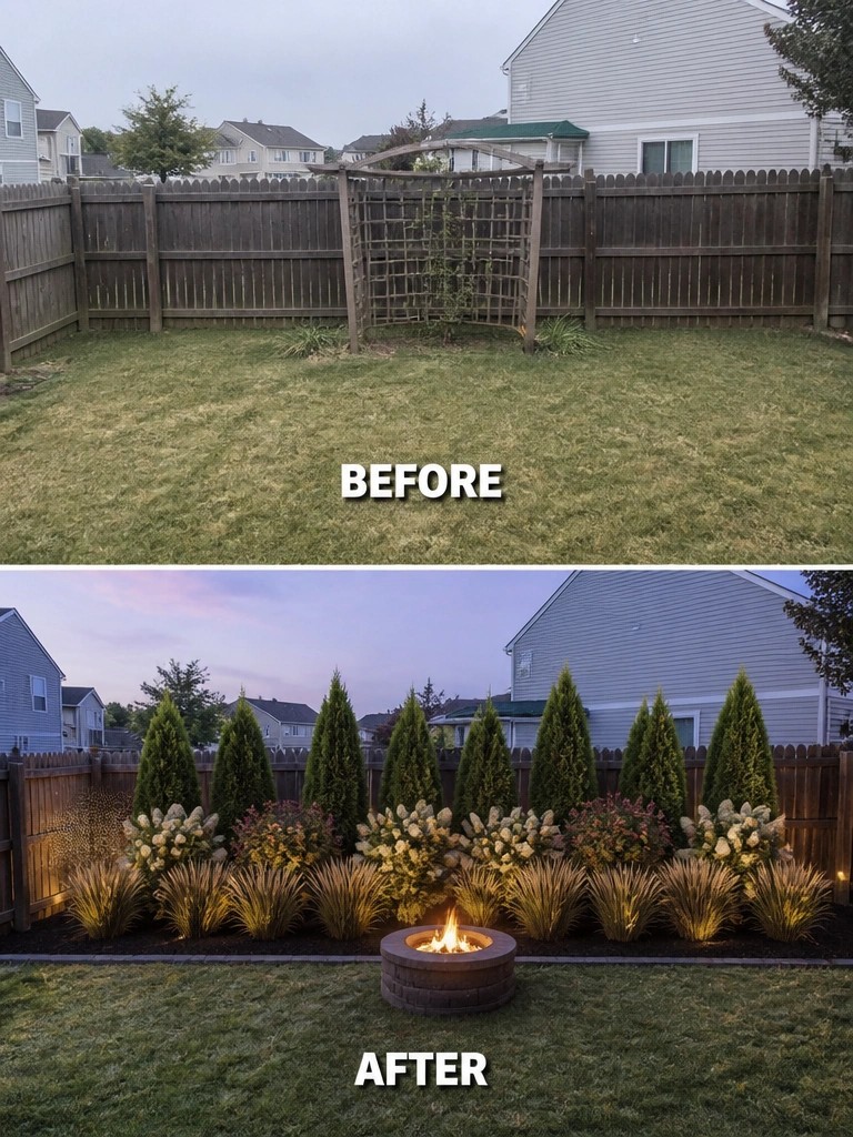 Before-and-after backyard makeover with new landscaping, trees, flowers and fire pit.