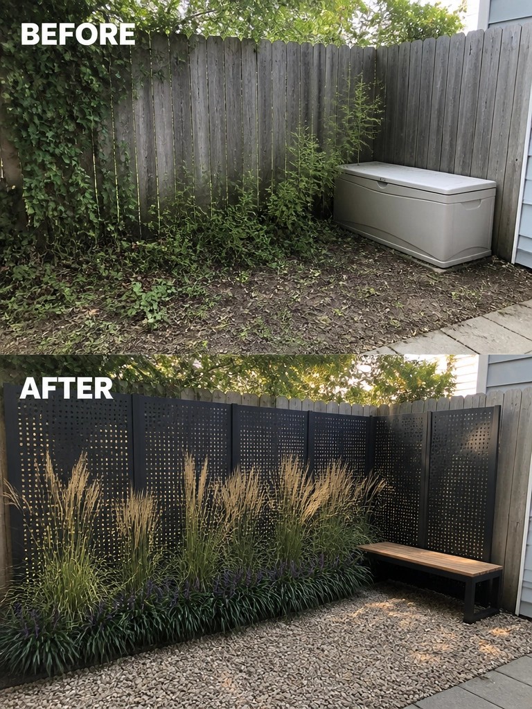 Before and after of backyard fence with weeds, grasses, panels and bench