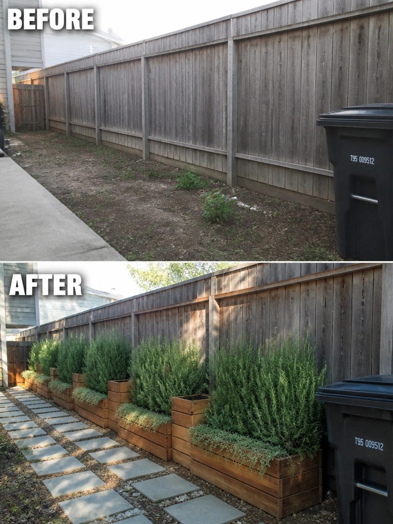 Before-and-after image of a bare dirt strip along a wooden fence transformed with a row of wooden planters holding dense evergreen shrubs and a stone path.