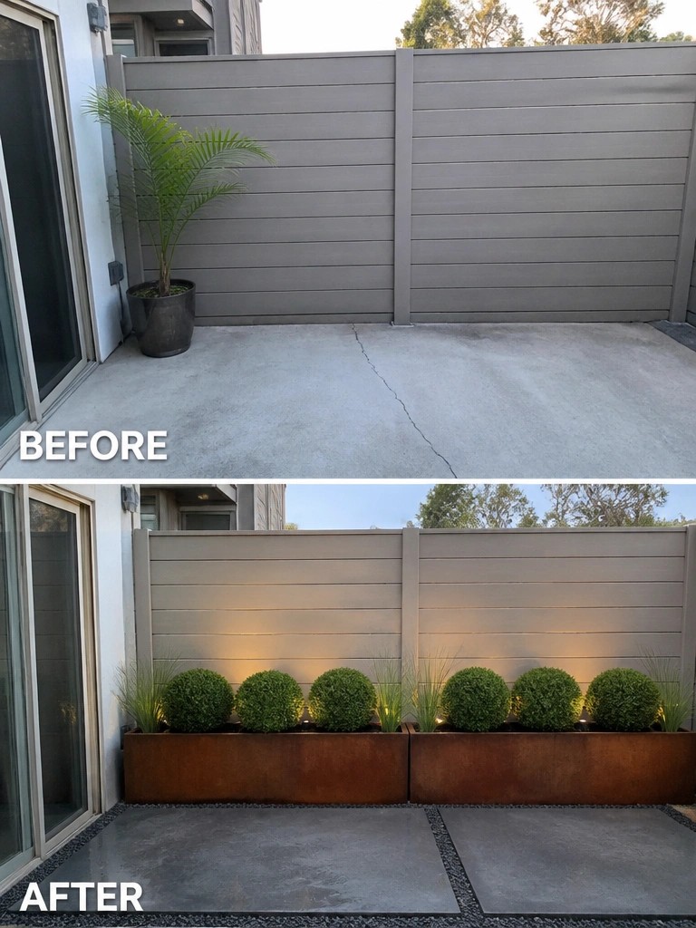 Before-and-after image of a bare concrete area with a plain fence changed by adding raised metal planters with shrubs and grasses along the fence line.