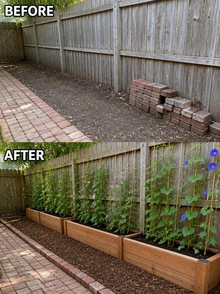 Before-and-after garden transformation with raised beds and climbing vines.