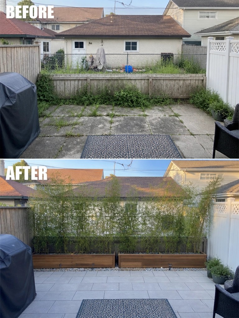 Before-and-after image of an overgrown concrete yard changed into a clean patio with tall plants in wooden raised planters along the fence.