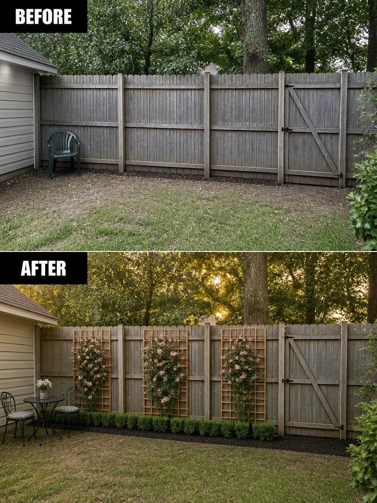 Before and after backyard fence with pink rose trellises and patio set