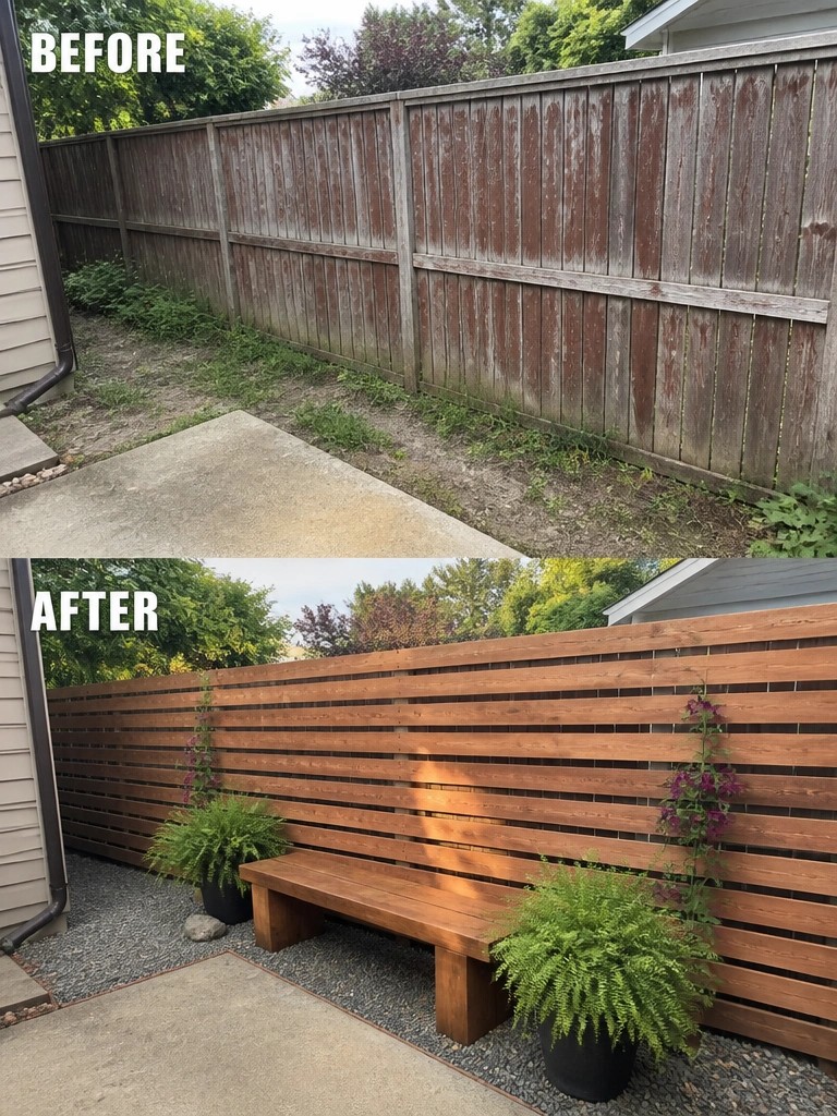 Weathered vertical fence above modern horizontal fence with bench and potted plants