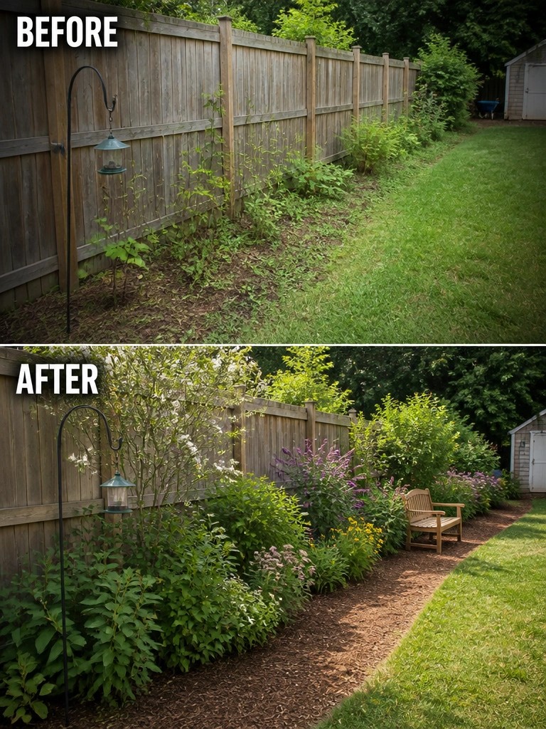 Before-and-after image of an overgrown fence line changed into a landscaped garden border with mulch, flowering plants, shrubs, and a wooden bench.