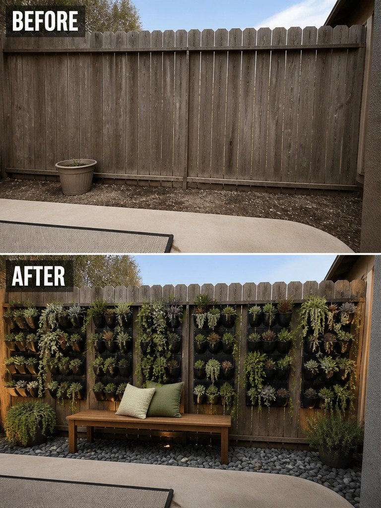 Before-and-after image of a plain wooden fence transformed by vertical plant pockets filled with succulents and greenery, with a wooden bench added below.