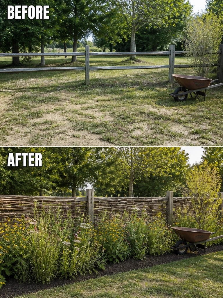 Before and after of rail fence replaced by woven fence with wildflower garden bed