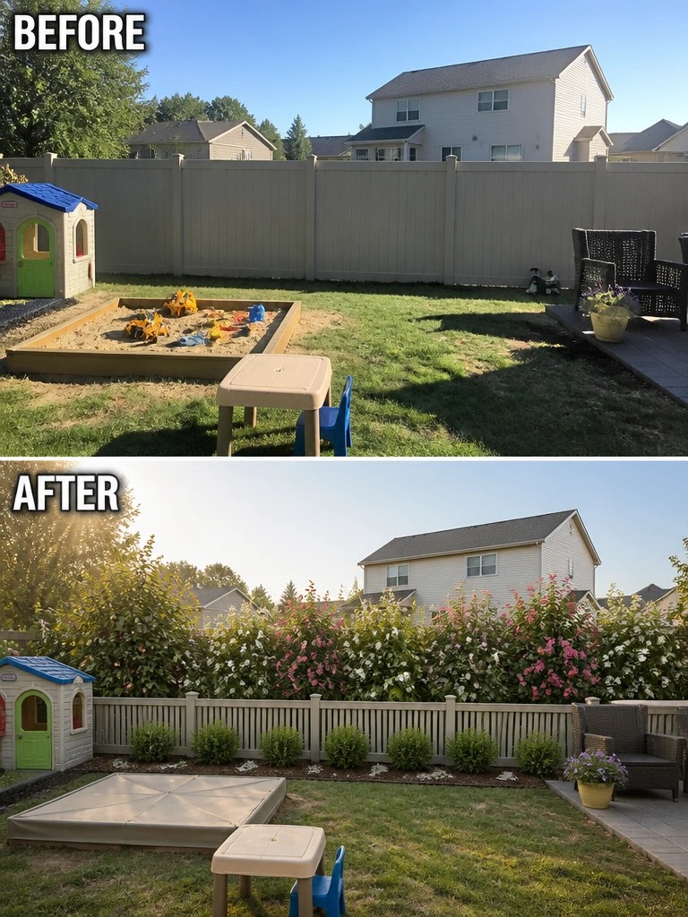 Before and after backyard with flowering hedge, fence, and covered sandbox