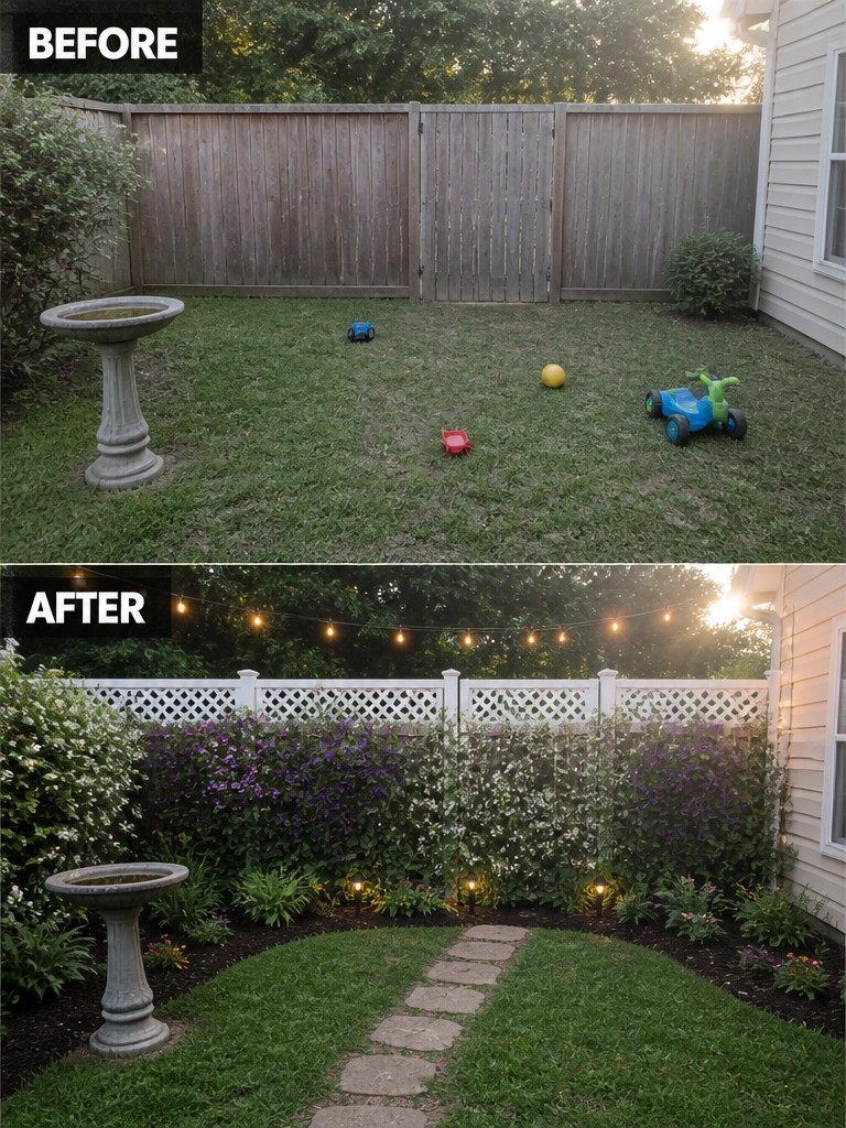 Before-and-after image of a backyard fence line changed from open grass to a planted border with shrubs and flowers for privacy.