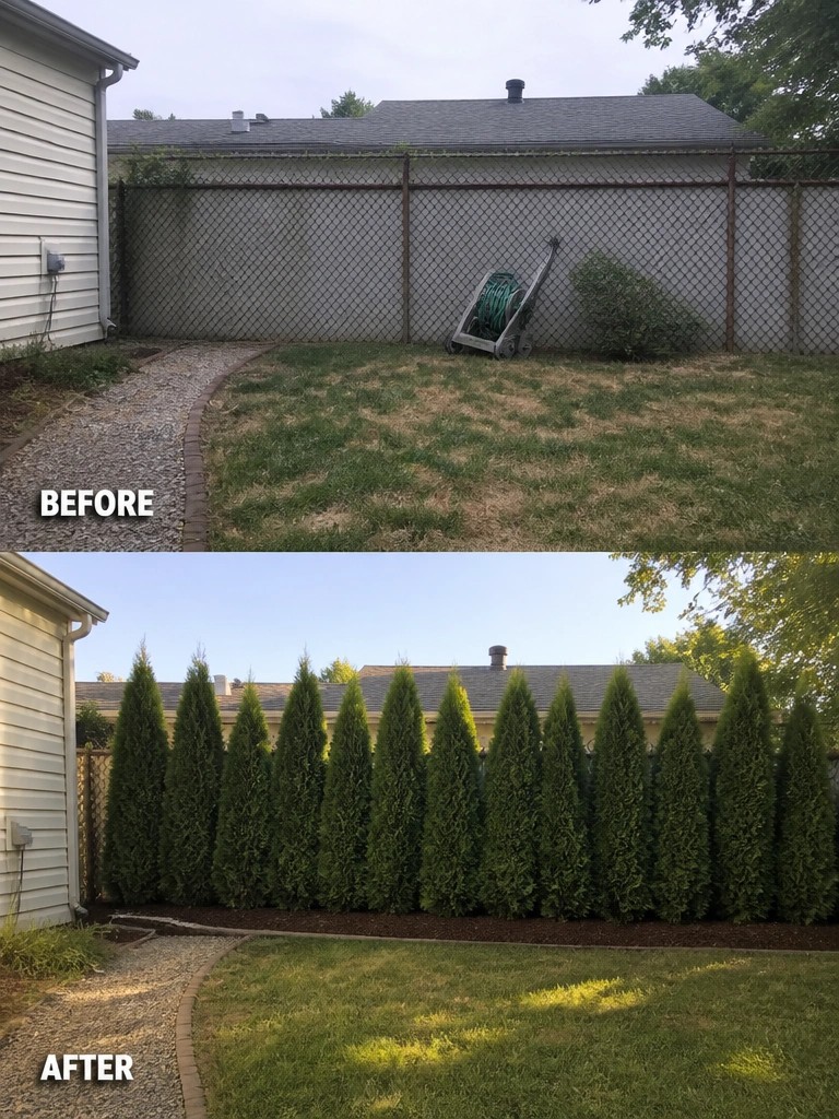 Before-and-after image of a backyard fence line changed from an open chain-link fence to a dense row of tall evergreen shrubs.