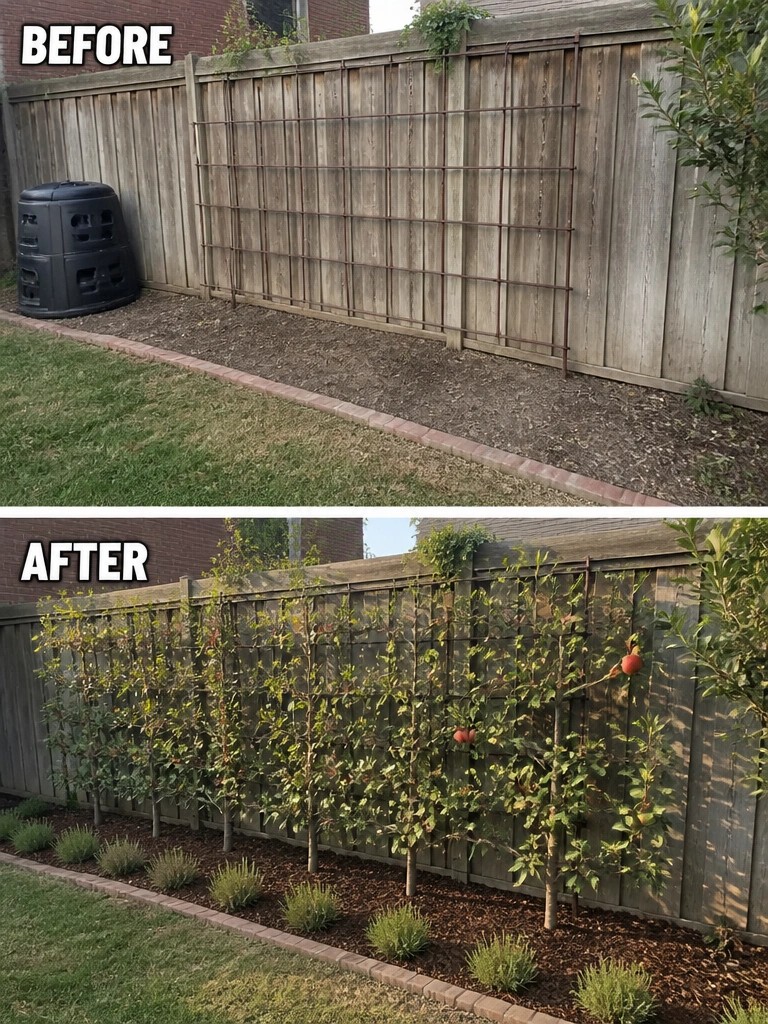 Before-and-after image of a bare fence with a metal trellis changed into a row of espaliered fruit trees with mulch and low shrubs at the base.