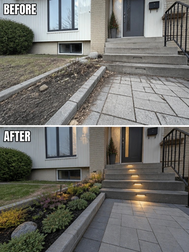 House entrance before and after with landscaped garden and lit concrete steps.
