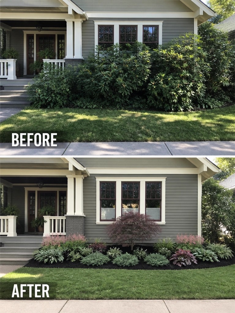 Before and after house landscaping with overgrown bushes replaced by colorful plants and mulch.